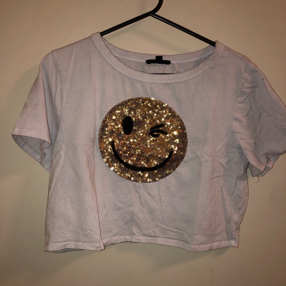 Sequin Smiley Face Crop Top - White